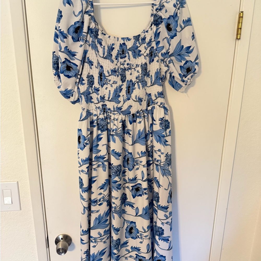 Blue Floral Smocked Midi Dress 3X